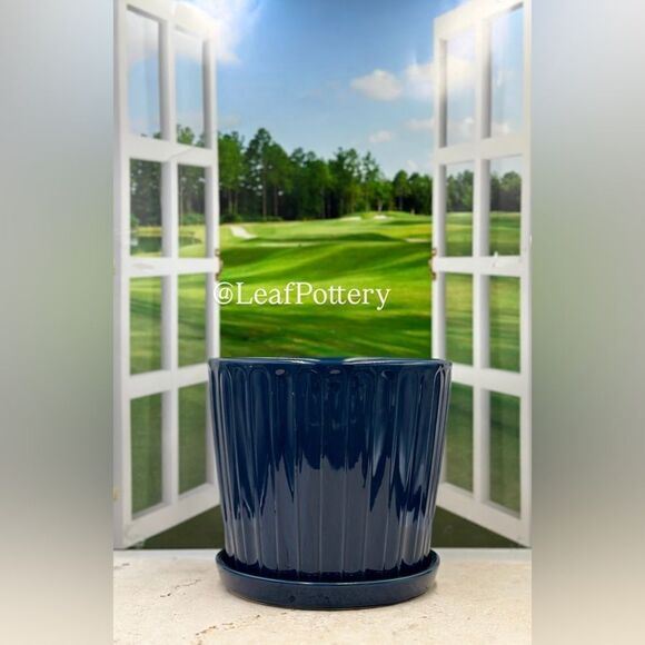 Pancho (LG) Blue Ceramic Planter Pot with Saucer Attached - Picture 9 of 9
